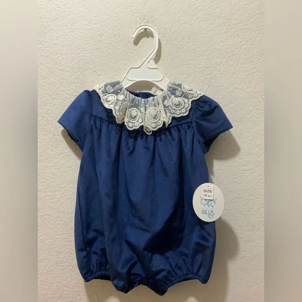 NWT Luli & Me Girls Blue Deluxe Velvet Bubble With Lace
